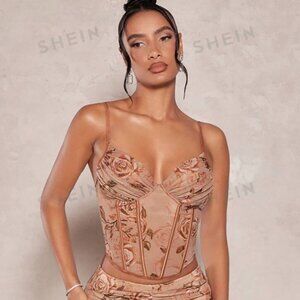 Floral Print Ruched Bustier Mesh Beige/Brown Corset Top size Medium 6
